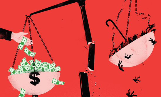 A scale being tipped towards one side filled with money while the side filled with people is unstably going upward and people are falling out of it A scale being tipped towards one side filled with money while the side filled with people is unstably going upward and people are falling out of it